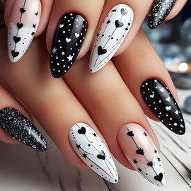 Valentine's Press on Nails Almond Black Glitter Fake Nails Medium French Tip False Nails with Heart Star Designs Acrylic Nails Heart Glue on Nails Glossy Medium Artificial Stick on Nails for Women