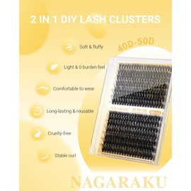 NAGARAKU Einzelne Wimpern Cluster 40D 50D Mega Volumen DIY Set 280 Cluster Dicke Flauschige Wimperncluster Dünnes Band Wispy Wimpernbüschel für Anfänger Mattschwarz 14 Rows (0,07mm D 9–15mm Mix)