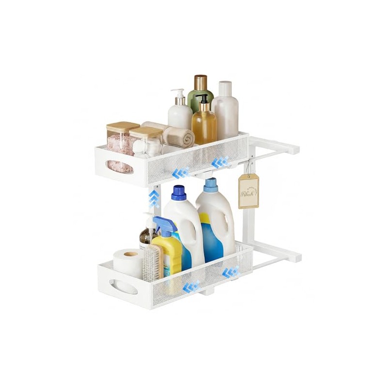 2-Tier Metal Organiser with Pull-Out Baskets, Rustproof, Height-Adjustable Cabinet Organiser