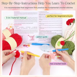 Katech Crochet Kit for Beginners - Crochet Flowers Bouquet Bag Bag Kit Includes Yarn, Hooks, Step-by-Step Guide, Needles & Accessories - Adults & Kids Crochet Starter Gift