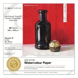 ZenART 100% Cotton Watercolour Paper 140 lb - 12x12 (30.5 x 30.5 cm) 20 Sheet Cold Press Acid-Free Square Pad Professional Quality 2-Side Bound for Watercolor, Gouache, Ink, Acrylic, Mixed Media