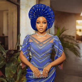Auto Gele African Head Tie of Nigeria ASO Oke Headwraps Hat Turban Wedding Party Handmade Elegant Hair Wear Cap for Women (US, Alpha, One Size, Large, Royal Blue)