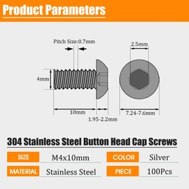 M4-0.7x10mm Button Head Socket Cap Screw,M4 10mm Screws,Allen Hex Drive Button Head Bolt,Stainless Steel Machine Bolts,Full Thread,Bright Finish,Coarse Thread 100Pcs