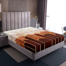 Geometric Fitted Sheets 90 x 200 cm, Hexagonal Marble Bed Linen Sets, Brown Marble Fitted Sheets for Adults Men Women, Modern Hotel Luxury Bed Linen Decor Set Marble Texture Design