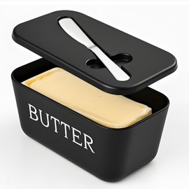 Large Plastic Butter Dish With Lid And Knife,Food Grade PP Butter Holder Keeper With Cover For Kitchen Refrigerator Black Butter Container
