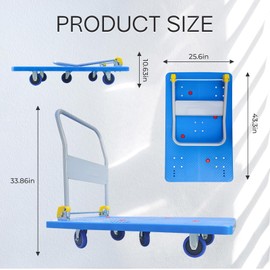 Doppy Flatbed Cart, 1320lbs Heavy Duty Capacity Platform Hand Truck 360 Degree Swivel Wheels Foldable Push Hand Cart for Loading and Storage, Warehouse (Blue)