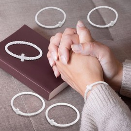 Soaoo 24 Pcs Christian Bracelets Cross Silicone Bracelet White Braided Stackable Rubber Wristband Religious Jewelry Gifts