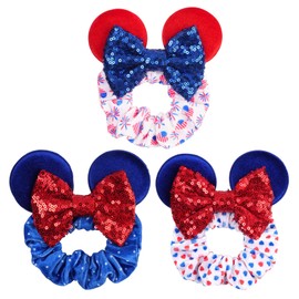 zhezesmila 3 Pack Velvet Mouse Ears Scrunchies with Bow for Women Girls Independence Day Elastic Hair Ties for Pony Tail Outfit - Fourth of July Hair Accessories
