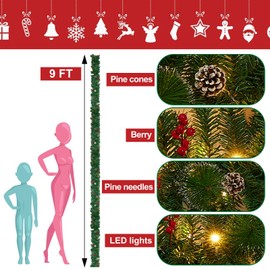 Zhuqing 9 ft Pre-lit Lighted Christmas Garland Decoration with Timer, Battery Operated Waterproof Artificial Xmas Garlands with 50 Warm Lights, Green Pine Branches, for Indoor/Outdoor/Fireplace Decor