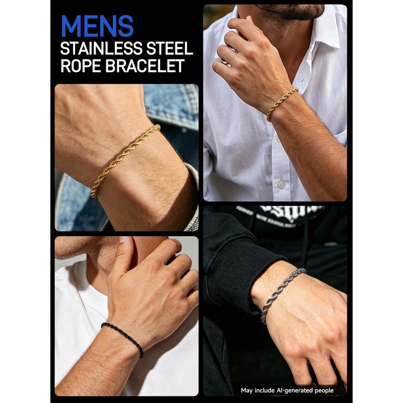 ChainsPro Rope Bracelet for Men, Waterproof Stainless Steel Chain Bracelet