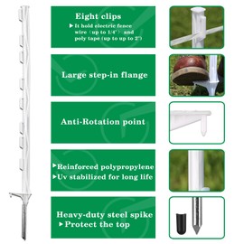 Zoiut 50 Pack Electric Fence Posts,48 Inch/4FT Step-in Plastic Posts for Farm and Garden,Temporary Sturdy Fencing System for Electric Fencing and Yard Protection, White