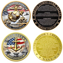 Marine Corps 250th Anniversary Coins,Navy Military Challenge Coins- Patriotic Military Collectible Durable Metal Veteran Gift,1.77 Inch (USMC + Navy Coins)