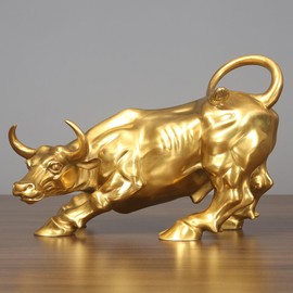 Brass Bull Figurine -Wall Street Bull Art Decor,Bronze Bull/Cow/Ox Figure Statues and Sculptures Home Office Decor (A-Gold)