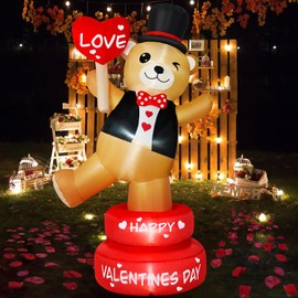 B&D 6FT Valentine Inflatables Outdoor Decorations, Rotating Valentines Bear Inflatable Stands on The Turntable Built-in LEDs Valentines Blow Up Yard Decorations for Party Wedding Propose Garden Lawn