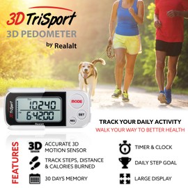 Realalt 3DTriSport 3D Pedometer, Accurate Step Counter with Clip and Strap (White)