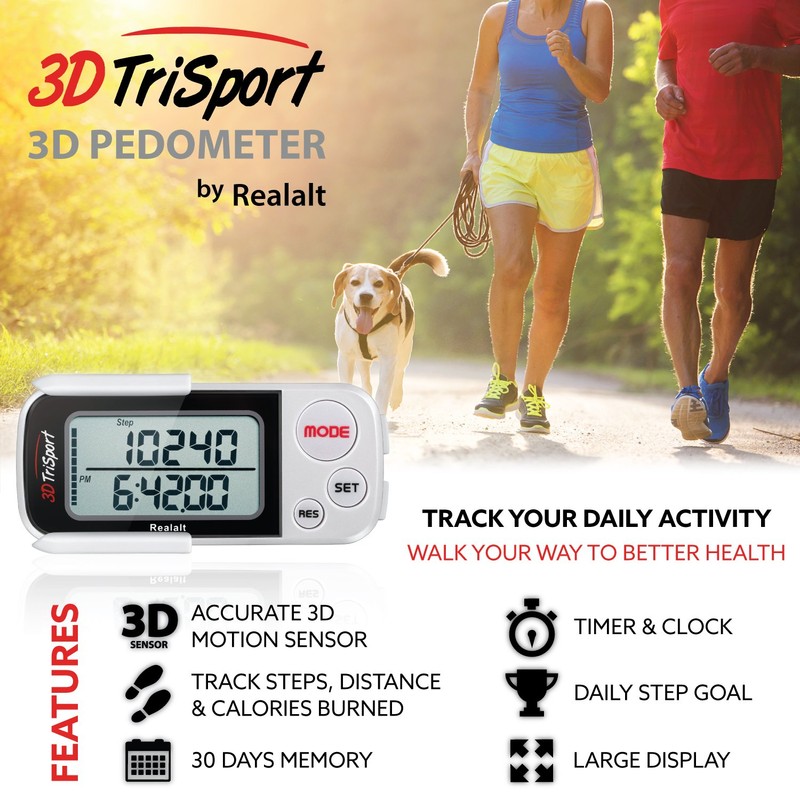 Realalt 3DTriSport 3D Pedometer, Accurate Step Counter with Clip and