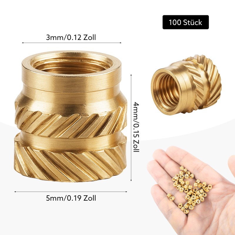 Pack of 100 Threaded Inserts, M3 x 5 x 4