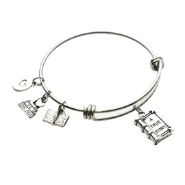 Book Lover Love to Read Charm Bangle Bracelet Book Club Gift Reading - Expandable Stainless Steel