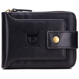 BULLCAPTAIN Mens Genuine Leather Zipper Wallet RFID Blocking Bifold Zip Around Multi Credit Card Holder (Black)