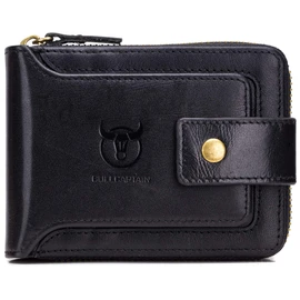 BULLCAPTAIN Mens Genuine Leather Zipper Wallet RFID Blocking Bifold Zip Around Multi Credit Card Holder (Black)