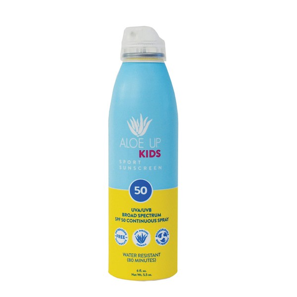 Aloe Up Kids SPF 50 Sunscreen Spray - Gentle Children Sport Sunscreen Protects from UV with Aloe/Quick-drying, Non-greasy Spray Safe for Face or Body, even on Toddlers/Reef Safe, made in USA / 6oz