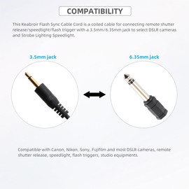 3.5mm to 6.35mm 1/4" Flash Sync Cable Cord Camera Strobe Lighting Speedlight Trigger Connect Spring Coiled Wire for Camera Studio Strobe Lighting Trigger