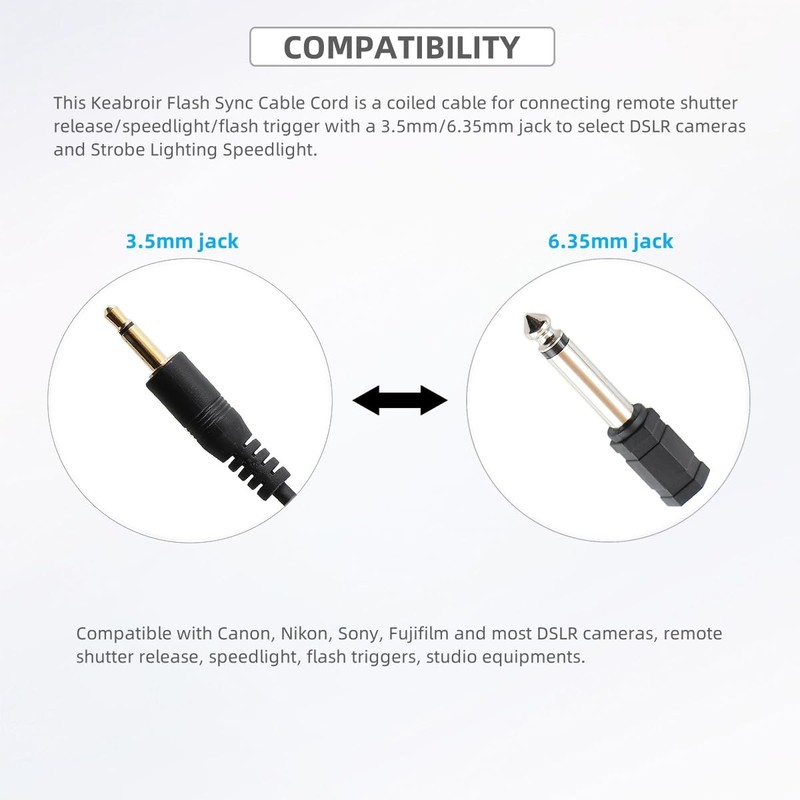 3.5mm to 6.35mm 1/4" Flash Sync Cable Cord Camera Strobe