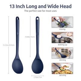 600ºF Heat Resistant Silicone Spoon: U-Taste 13.3in Solid Kitchen Cooking Spoon, Nonstick Food Grade Large Soup Rubber Utensil for Mixing, Serving, Stirring, Basting, for Pot Cookware (Midnight Blue)