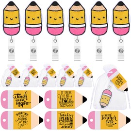 Kolldenn 6 Sets Valentine's Day Teacher Appreciation Gift Include Teacher Badge Reel Pencil Shaped Badge Holder Retractable Clip with Thank You Cards Gift Bags Teacher Thank You Gifts