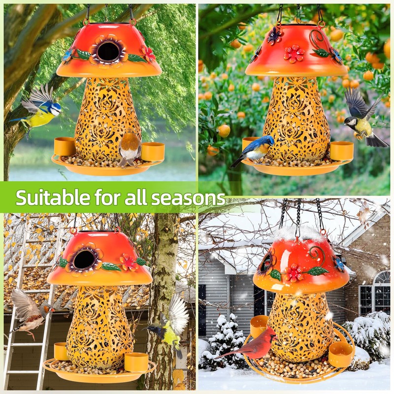 Mushroom Solar Bird Feeders for Outdoors Hanging Metal Wild Bird