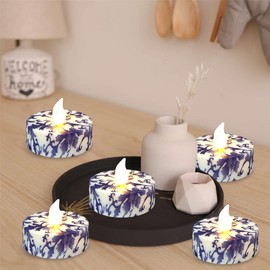 Gedengni Floral Flameless Tealights with Remote - 12 Pack Blue and White LED Tealight Candles Battery Operated Tea Lights Safe Realistic Flickering for Home Decor Wedding Party,TLT12P-BW