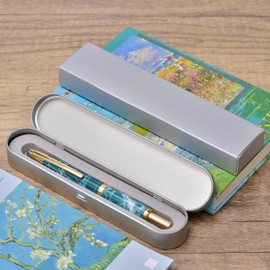 Jinhao 10 Series Press Fountain Pen Marble Blue Retractable Fine Nib with Ink Converter and Metal Pen Box Set (Golden Clip Version)