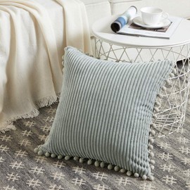 Fancy Homi Pack of 2 Farmhouse Decorative Throw Pillow Covers with Pom-poms, Soft Corduroy Accent Solid Square Cushion Case Set for Couch Sofa Bedroom Car Living Room (20x20 Inch/50x50 cm, Grey)