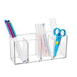 OWAYOTO Pen Holder Acrylic Clear Makeup Brushes Holder Pencil Organizer Cup Makeup Brushes Organiser Cup Makeup Container Storage Desk Accessories Holder 4 slots