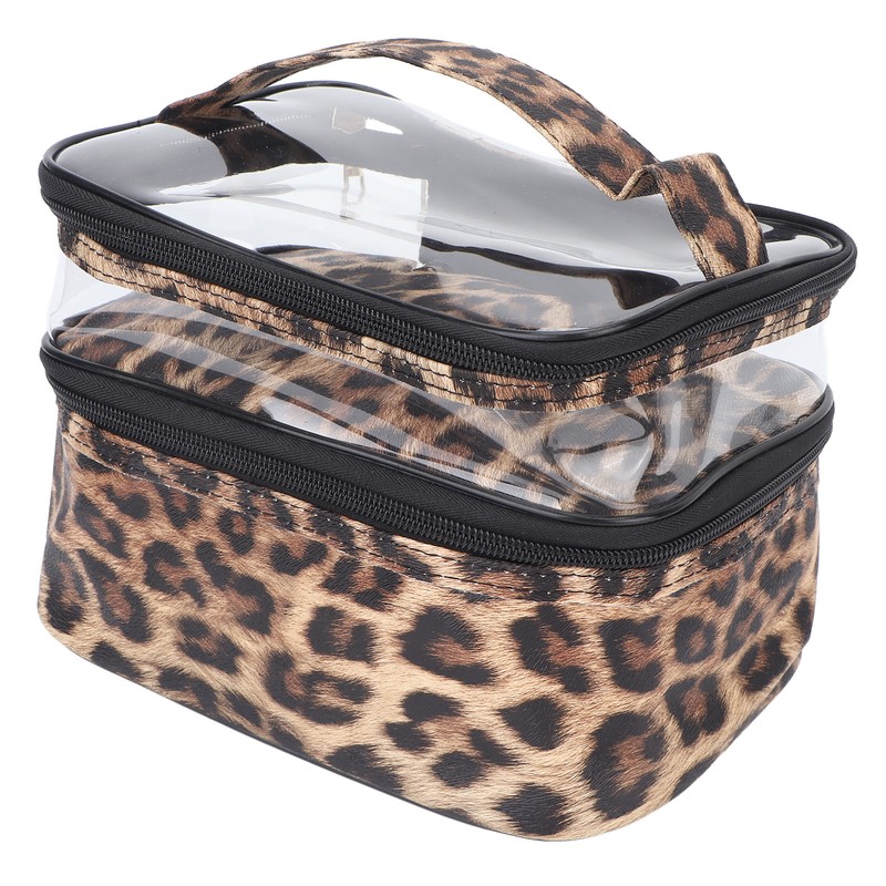 Double Layer Cosmetic Bag PVC Leopard Print Design Portable Large