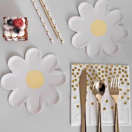 FSSTUD 30 Pcs Daisy Paper Plates Flower Shaped Dessert Plates Boho Baby Shower Paper Plates Spring Floral Party Plates Cute Summer Food Plates