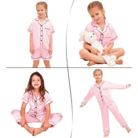 SWOMOG Kids Satin Pyjamas Girls Boys 4 Pieces Long Sleeve Silk PJs Sets Button-Down Silky Nightwear Children Sleepwear Pink