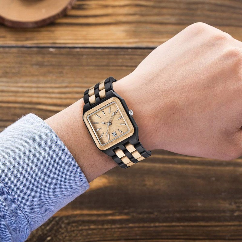 Dentily Wood Watch Rectangle Dial Wooden Watches for Men Quartz