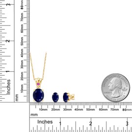 18K Yellow Gold Plated Silver Blue Sapphire and Pink Sapphire Pendant and Earrings Jewelry Set For Women (8.15 Cttw, Gemstone Birthstone, Oval 11X9MM and 8X6MM with 18 Inch Silver Chain)