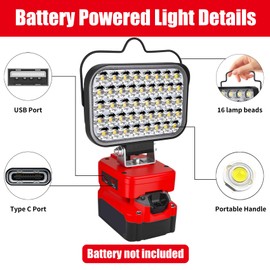 Fiihio Portable LED Work Light Compatible with Craftsman 20V Battery, 90W 7000LM Cordless Flood Lights with USB & Type-C, Low Voltage Protection, for Job Site Lighting,Camping Outdoor (No Battery)