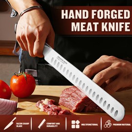 DRAGON RIOT 10 inch Premium Brisket Knife, Razor Sharp Carving Knife with Ergonomic Handle Design, Granton Edge, Hand Forged Brisket Slicing Knife for Meat and BBQ Cuting Gift for Men