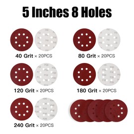 Pack of 100 125 mm Velcro Sandpaper Sanding Discs for Random Orbital Sanders 40, 80, 120, 180, 240 Grit