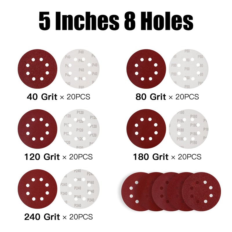 Pack of 100 125 mm Velcro Sandpaper Sanding Discs for