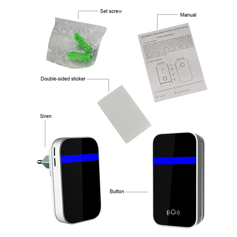 Wireless Doorbell Self-Powered Doorbell Button Kit 4-Speed Adjustable Volume with