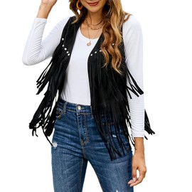 SYHVGI Women Hippie Waistcoat Vest Lightweight Solid Color Open Front Sleeveless Jacket with Tassel Streetwear Outerwear (Black, M)