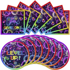 40 Pcs Video Game Plates and Napkins Party Supplies Gaming Birthday Party Tableware Set Neon Video Game On Birthday Level Up Party Decorations Favors for Boys Girls Gamer