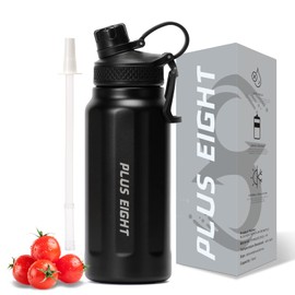 pluseight Sports Water Bottle, Insulated Water Bottle With Straw, Stainless Steel Water Bottle Wide Mouth for Sports, Gym or Office, BPA-Free Keep Cold 24H Hot 12H (Black, 750 ml)