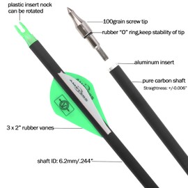 wolfman 31" Pure Carbon Arrows Archery Practice Hunting Arrows Spine 300 350 400 500 600 with Removable Tips Targeting Arrows for Compound & Recurve & Long Bow 6/12pcs (12, Green, Spine 350)