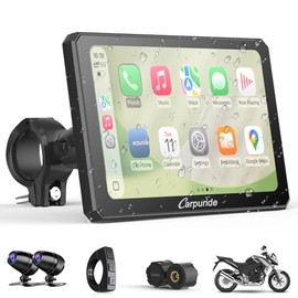 Carpuride W712DT para Motocicletas con CarPlay, Android Auto y TPMS - Cámara de salpicadero HD 1080p, Pantalla táctil giratoria e Impermeable de 7", BT, grabación en Bucle, Controlador con Cable