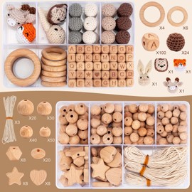 Wooden Beads Wooden Rings Set, 332 Pieces Beech Wooden Beads Round Wooden Balls with Hole for Threading, Letters Crochet Wooden Beads for Macrame Crafts, DIY Jewellery Accessories